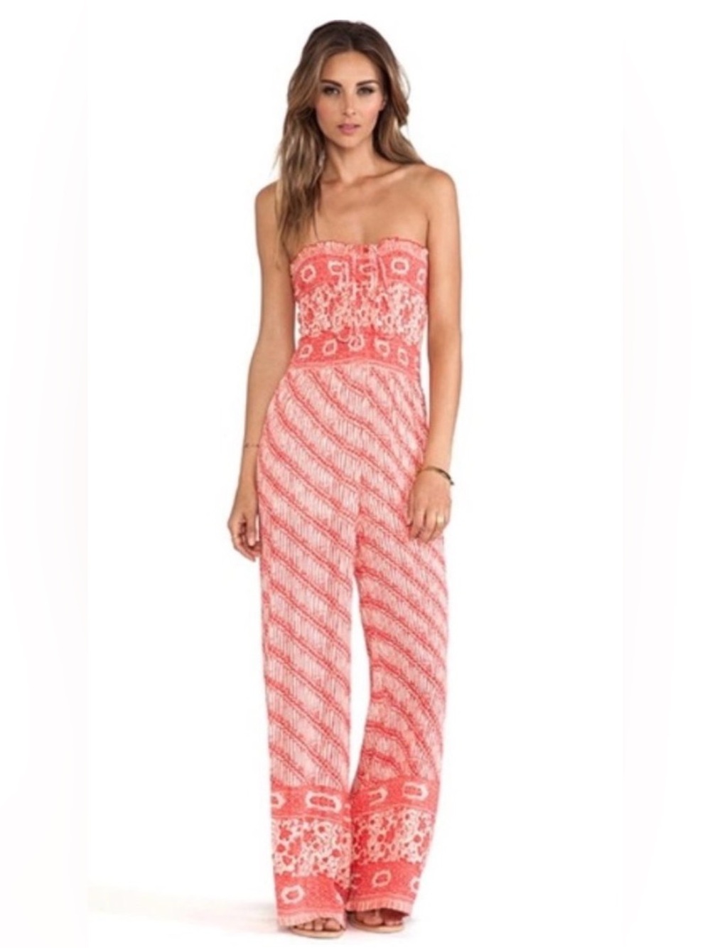 Free People, large, red & white boho-patterned strapless wide-leg jumpsuit